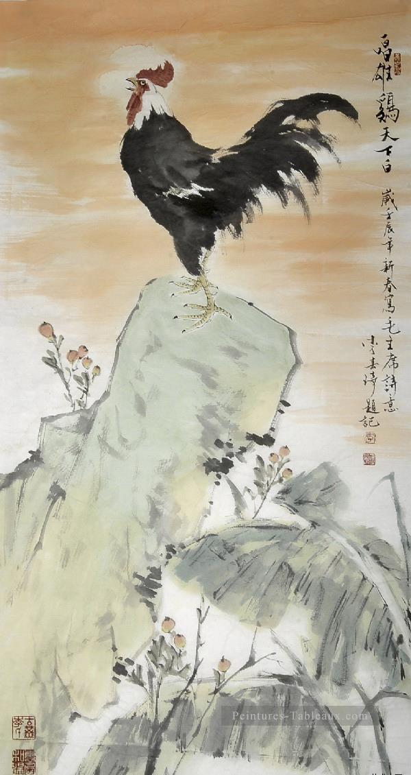 Coq Li Chunqi sur rocher traditionnelle chinoise Peintures à l'huile
